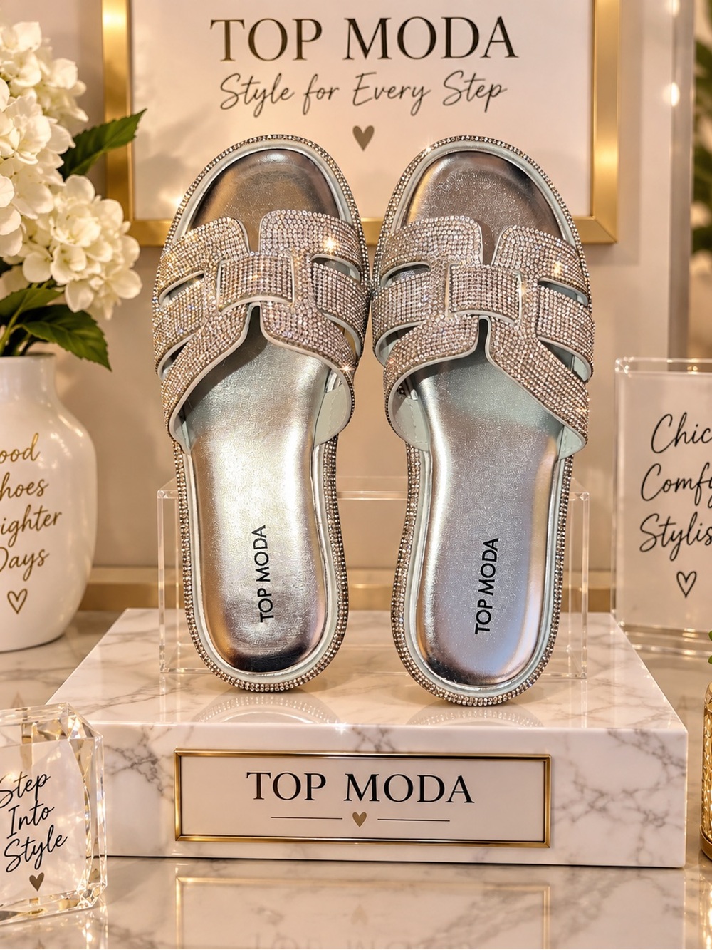 TOP MODA Silver Rhinestone Bling Slide Sandals
